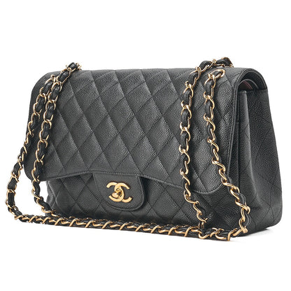 CHANEL Caviar Skin Deca Matelasse 30cm Double Flap Chain Shoulder Bag Black Gold-Tone Hardware, Pre-Owned