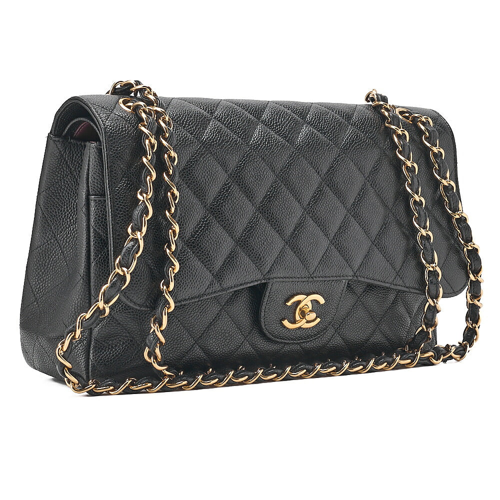 CHANEL Caviar Skin Deca Matelasse 30cm Double Flap Chain Shoulder Bag Black Gold-Tone Hardware, Pre-Owned