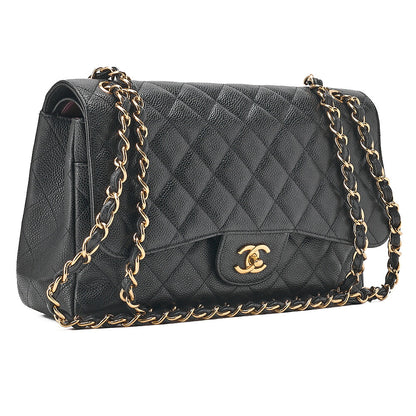 CHANEL Caviar Skin Deca Matelasse 30cm Double Flap Chain Shoulder Bag Black Gold-Tone Hardware, Pre-Owned