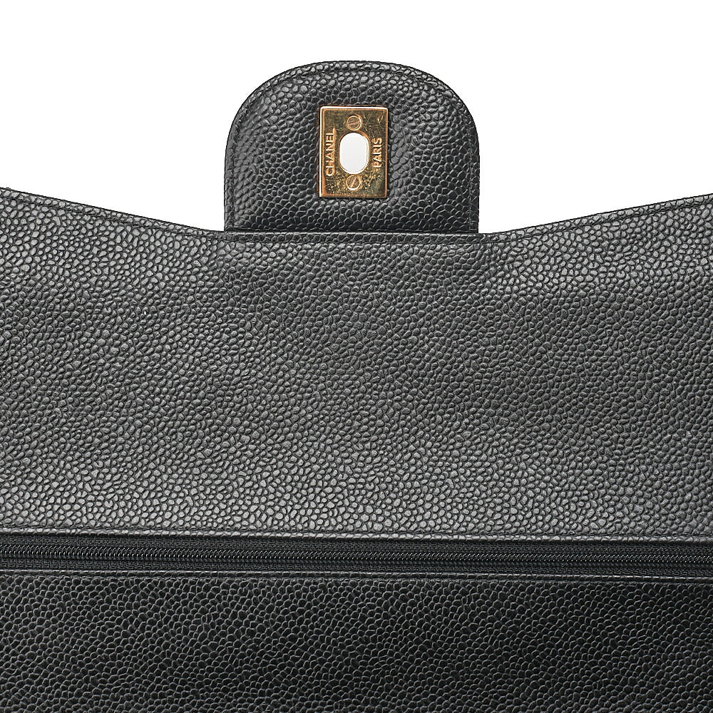 CHANEL Caviar Skin Deca Matelasse 30cm Double Flap Chain Shoulder Bag Black Gold-Tone Hardware, Pre-Owned