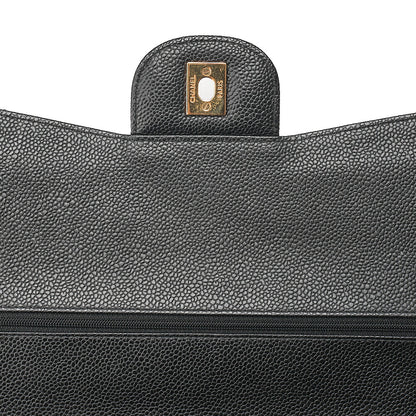 CHANEL Caviar Skin Deca Matelasse 30cm Double Flap Chain Shoulder Bag Black Gold-Tone Hardware, Pre-Owned