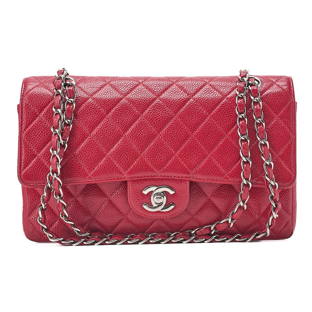 CHANEL Caviar Skin Matelasse 25cm Double Flap Chain Shoulder Red Silver-Tone Hardware, Pre-Owned