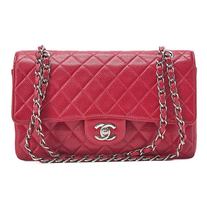 CHANEL Caviar Skin Matelasse 25cm Double Flap Chain Shoulder Red Silver-Tone Hardware, Pre-Owned