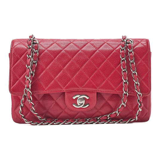 CHANEL Caviar Skin Matelasse 25cm Double Flap Chain Shoulder Red Silver-Tone Hardware, Pre-Owned