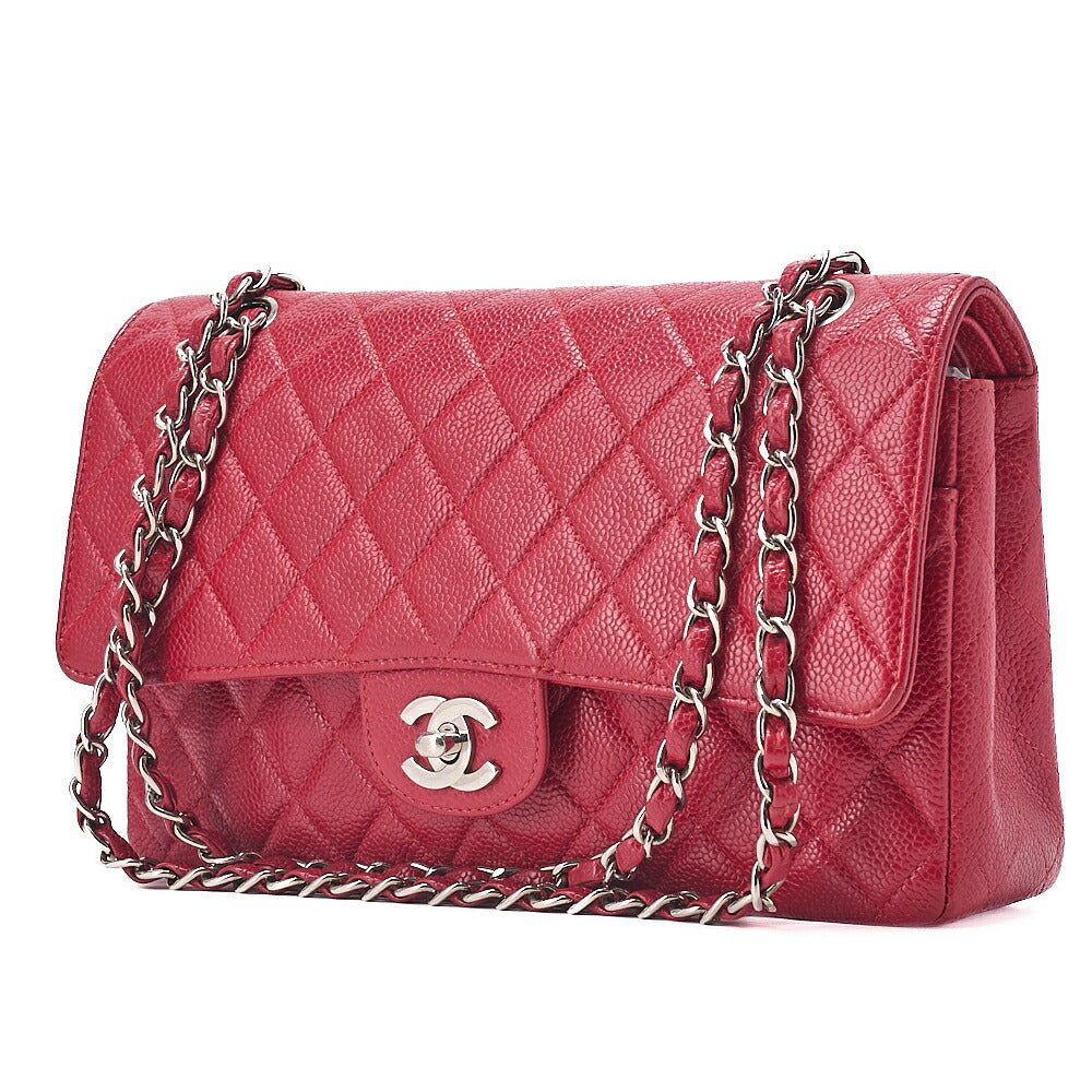 CHANEL Caviar Skin Matelasse 25cm Double Flap Chain Shoulder Red Silver-Tone Hardware, Pre-Owned
