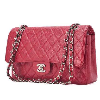 CHANEL Caviar Skin Matelasse 25cm Double Flap Chain Shoulder Red Silver-Tone Hardware, Pre-Owned