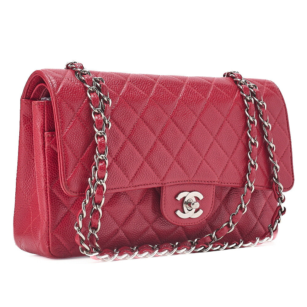 CHANEL Caviar Skin Matelasse 25cm Double Flap Chain Shoulder Red Silver-Tone Hardware, Pre-Owned