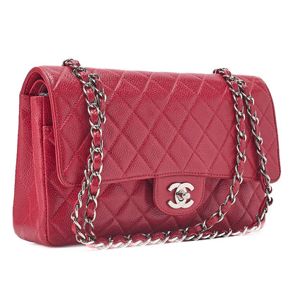 CHANEL Caviar Skin Matelasse 25cm Double Flap Chain Shoulder Red Silver-Tone Hardware, Pre-Owned