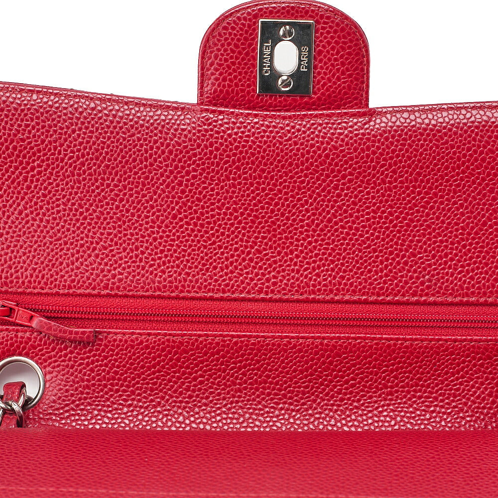 CHANEL Caviar Skin Matelasse 25cm Double Flap Chain Shoulder Red Silver-Tone Hardware, Pre-Owned
