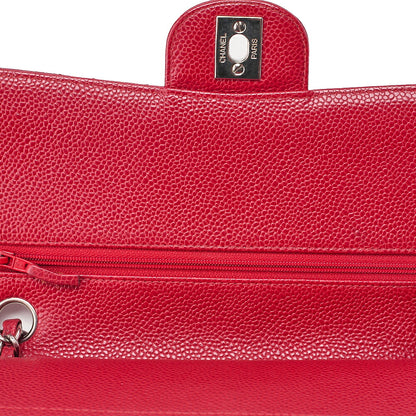 CHANEL Caviar Skin Matelasse 25cm Double Flap Chain Shoulder Red Silver-Tone Hardware, Pre-Owned