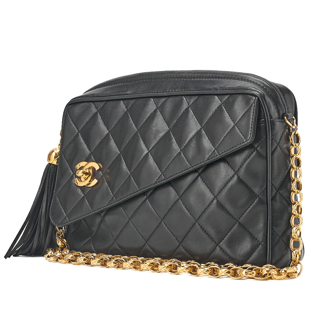 CHANEL Lambskin Matelasse Outside Flap with Fringe Bijou Chain Shoulder Black Gold-Tone Hardware, Pre-Owned