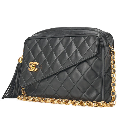 CHANEL Lambskin Matelasse Outside Flap with Fringe Bijou Chain Shoulder Black Gold-Tone Hardware, Pre-Owned