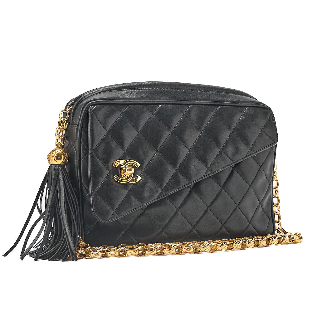 CHANEL Lambskin Matelasse Outside Flap with Fringe Bijou Chain Shoulder Black Gold-Tone Hardware, Pre-Owned
