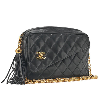 CHANEL Lambskin Matelasse Outside Flap with Fringe Bijou Chain Shoulder Black Gold-Tone Hardware, Pre-Owned