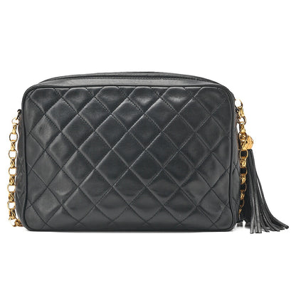 CHANEL Lambskin Matelasse Outside Flap with Fringe Bijou Chain Shoulder Black Gold-Tone Hardware, Pre-Owned