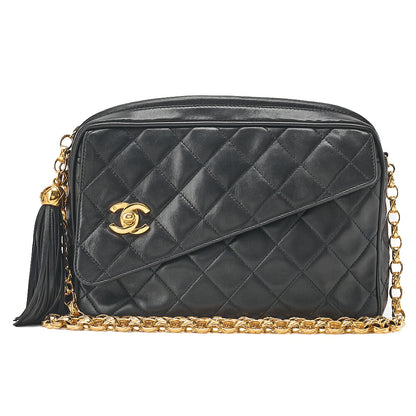 CHANEL Lambskin Matelasse Outside Flap with Fringe Bijou Chain Shoulder Black Gold-Tone Hardware, Pre-Owned