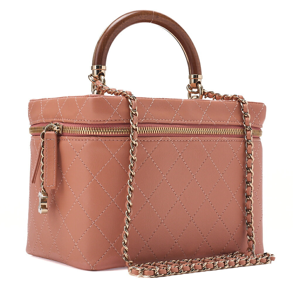 CHANEL Lambskin Coco Mark Vanity Wood Handle 2-Way Shoulder Pink Gold-Tone Hardware, Pre-Owned