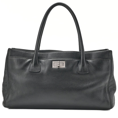 CHANEL Caviar Skin Executive 2.55 Turn Lock Tote Bag Black Silver-Tone Hardware, Pre-Owned