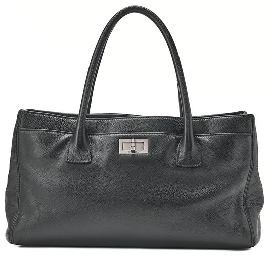 CHANEL Caviar Skin Executive 2.55 Turn Lock Tote Bag Black Silver-Tone Hardware, Pre-Owned