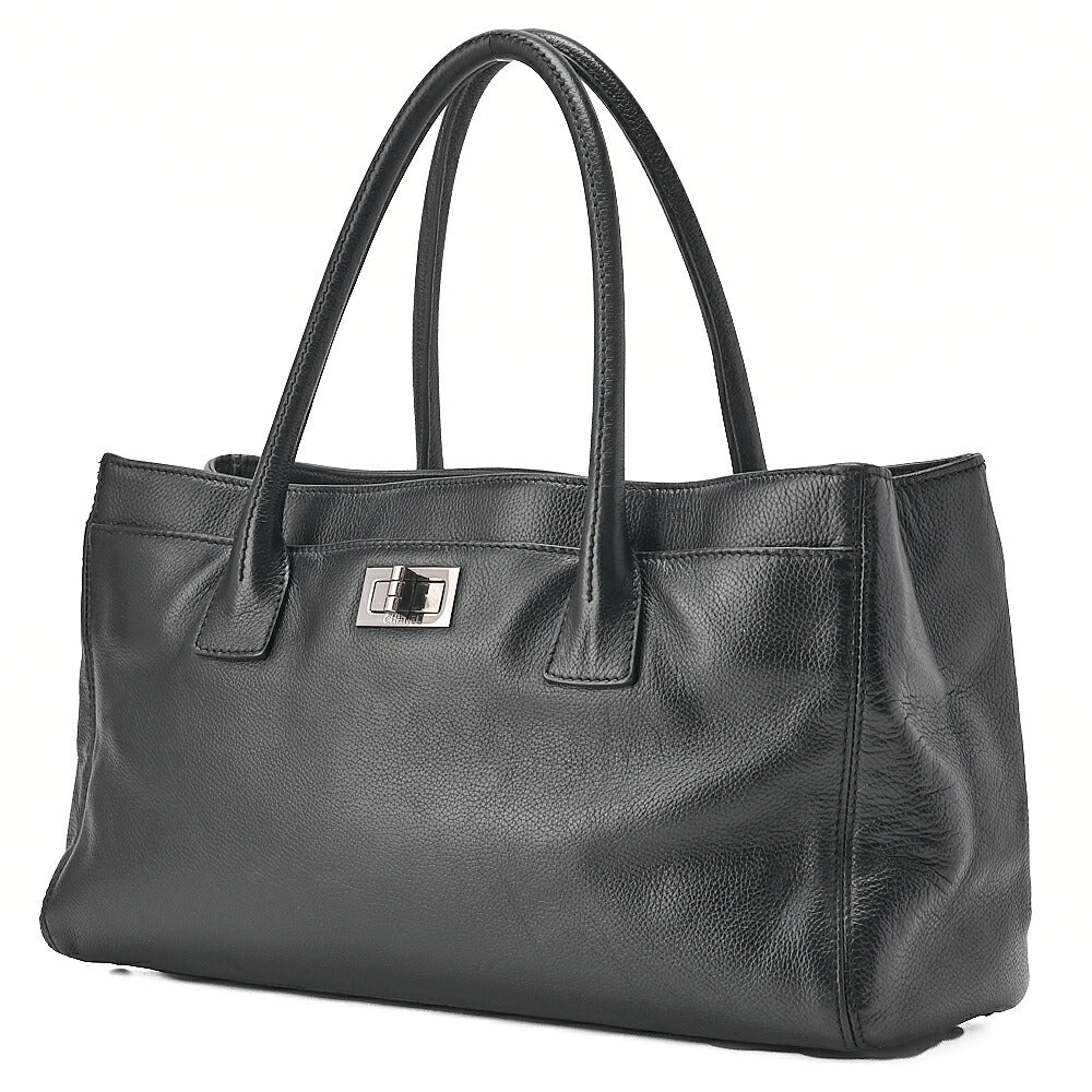 CHANEL Caviar Skin Executive 2.55 Turn Lock Tote Bag Black Silver-Tone Hardware, Pre-Owned