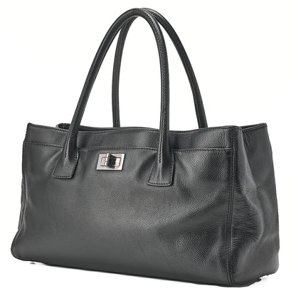 CHANEL Caviar Skin Executive 2.55 Turn Lock Tote Bag Black Silver-Tone Hardware, Pre-Owned