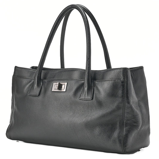 CHANEL Caviar Skin Executive 2.55 Turn Lock Tote Bag Black Silver-Tone Hardware, Pre-Owned
