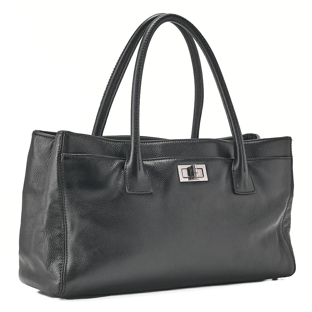 CHANEL Caviar Skin Executive 2.55 Turn Lock Tote Bag Black Silver-Tone Hardware, Pre-Owned