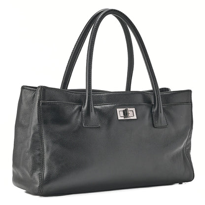 CHANEL Caviar Skin Executive 2.55 Turn Lock Tote Bag Black Silver-Tone Hardware, Pre-Owned