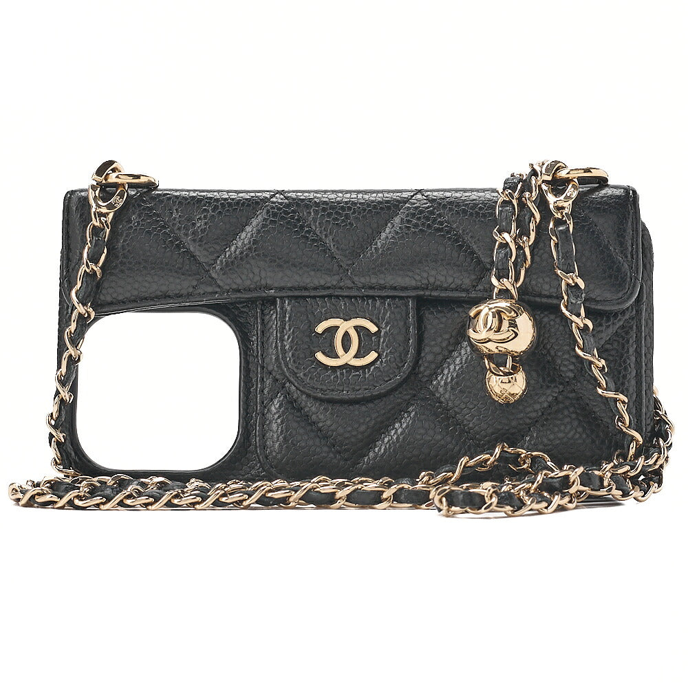 CHANEL iPhone 15 Pro Case Matelasse Caviar Skin Coco Mark Coco Ball Chain Strap Black Gold-Tone Hardware, Pre-Owned