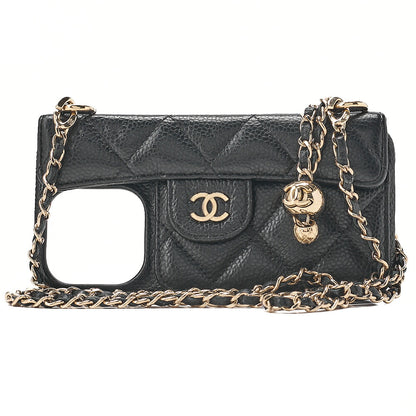 CHANEL iPhone 15 Pro Case Matelasse Caviar Skin Coco Mark Coco Ball Chain Strap Black Gold-Tone Hardware, Pre-Owned