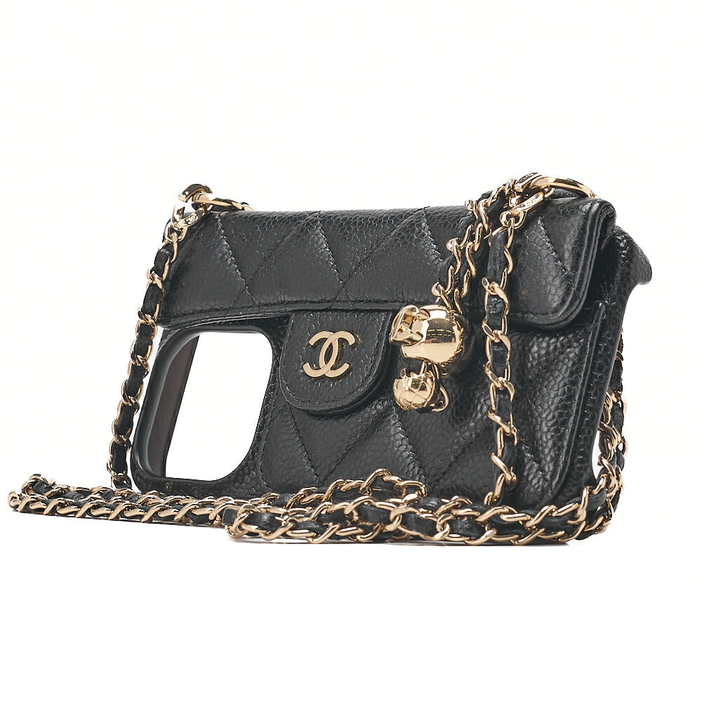 CHANEL iPhone 15 Pro Case Matelasse Caviar Skin Coco Mark Coco Ball Chain Strap Black Gold-Tone Hardware, Pre-Owned
