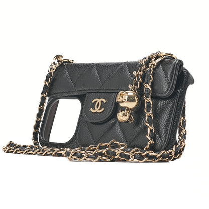 CHANEL iPhone 15 Pro Case Matelasse Caviar Skin Coco Mark Coco Ball Chain Strap Black Gold-Tone Hardware, Pre-Owned