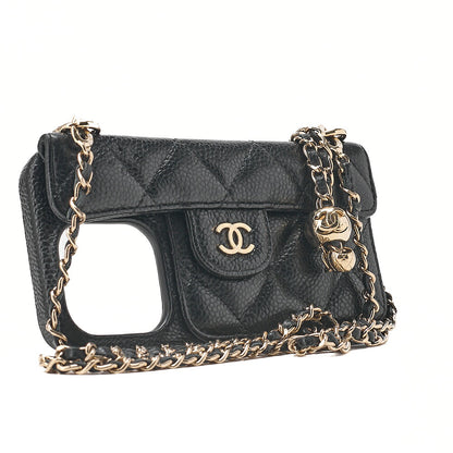 CHANEL iPhone 15 Pro Case Matelasse Caviar Skin Coco Mark Coco Ball Chain Strap Black Gold-Tone Hardware, Pre-Owned