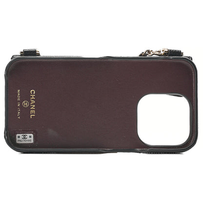 CHANEL iPhone 15 Pro Case Matelasse Caviar Skin Coco Mark Coco Ball Chain Strap Black Gold-Tone Hardware, Pre-Owned