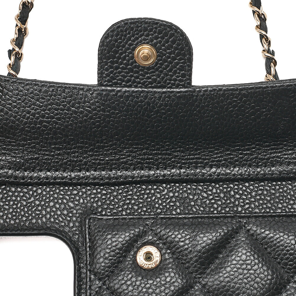 CHANEL iPhone 15 Pro Case Matelasse Caviar Skin Coco Mark Coco Ball Chain Strap Black Gold-Tone Hardware, Pre-Owned