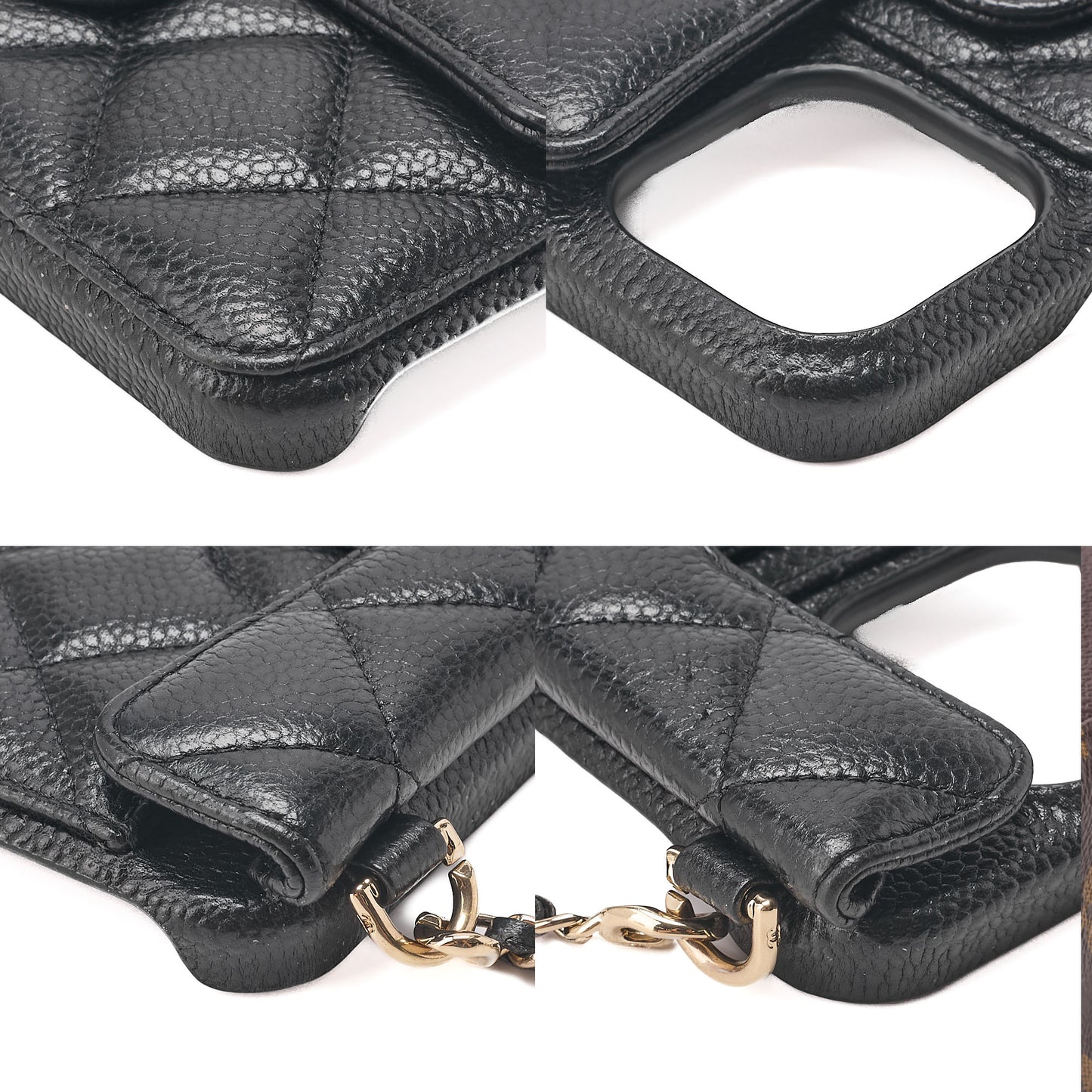 CHANEL iPhone 15 Pro Case Matelasse Caviar Skin Coco Mark Coco Ball Chain Strap Black Gold-Tone Hardware, Pre-Owned