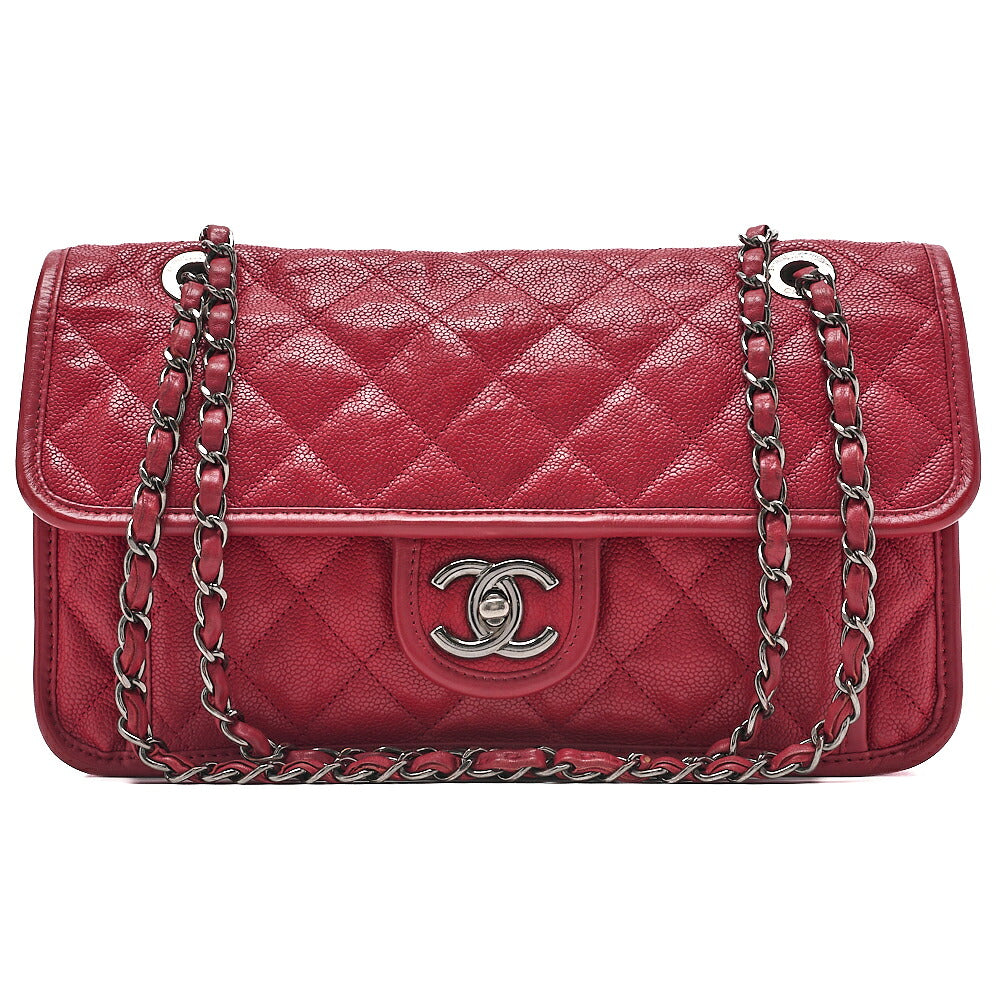 CHANEL Caviar Skin Matelasse Single Flap Chain Shoulder Red Silve-Tone Hardware, Pre-Owned