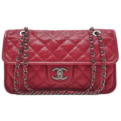 CHANEL Caviar Skin Matelasse Single Flap Chain Shoulder Red Silve-Tone Hardware, Pre-Owned
