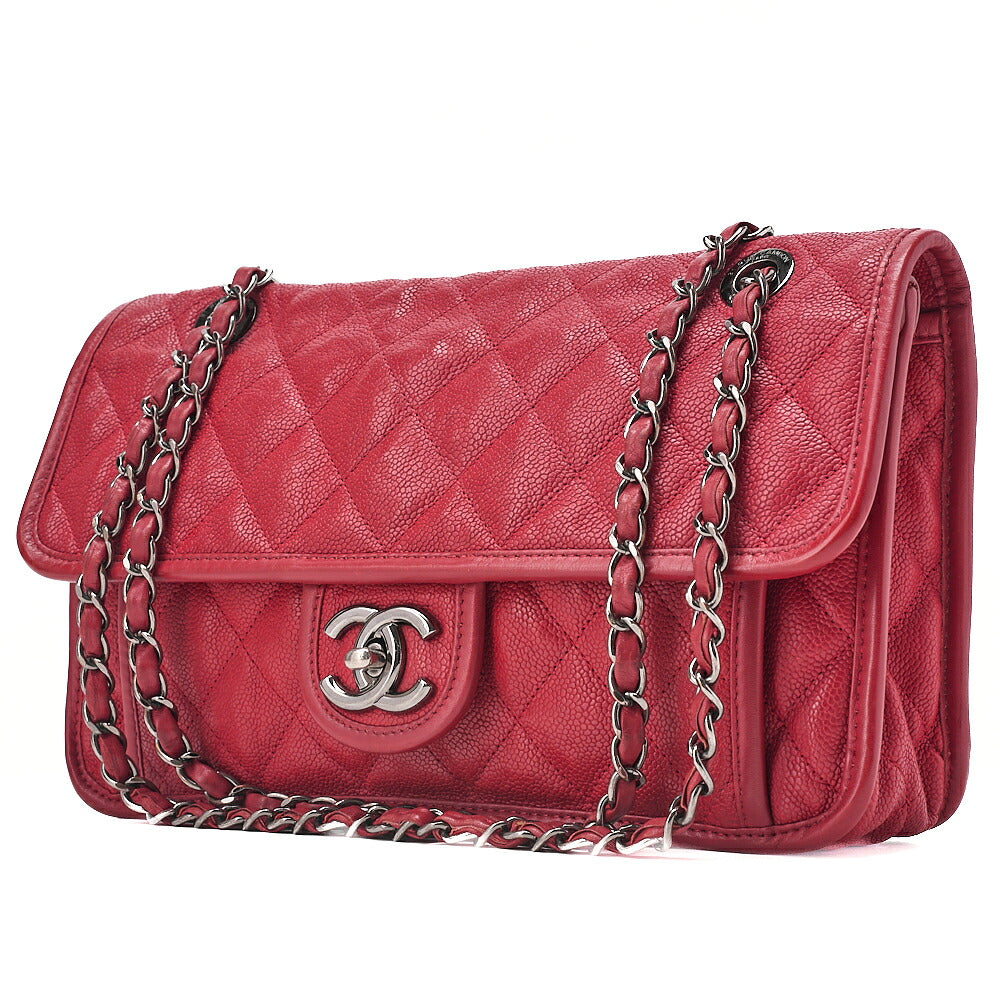 CHANEL Caviar Skin Matelasse Single Flap Chain Shoulder Red Silve-Tone Hardware, Pre-Owned