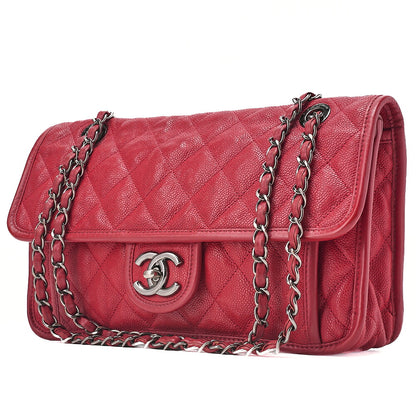 CHANEL Caviar Skin Matelasse Single Flap Chain Shoulder Red Silve-Tone Hardware, Pre-Owned