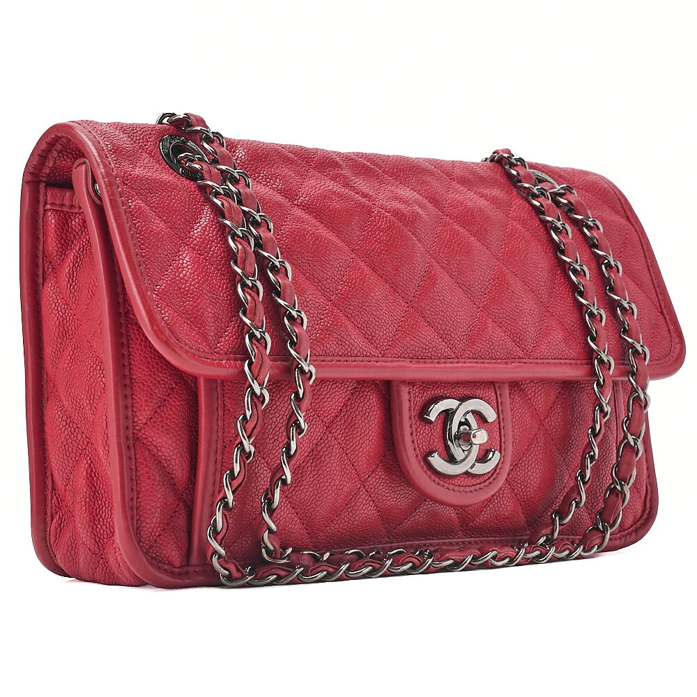 CHANEL Caviar Skin Matelasse Single Flap Chain Shoulder Red Silve-Tone Hardware, Pre-Owned