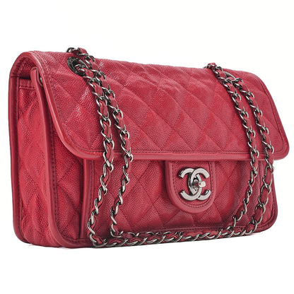 CHANEL Caviar Skin Matelasse Single Flap Chain Shoulder Red Silve-Tone Hardware, Pre-Owned
