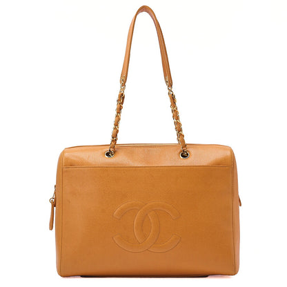 CHANEL Caviar Skin Deka Coco Mark Double Chain Tote Bag Orange Gold-Tone Hardware, Pre-Owned