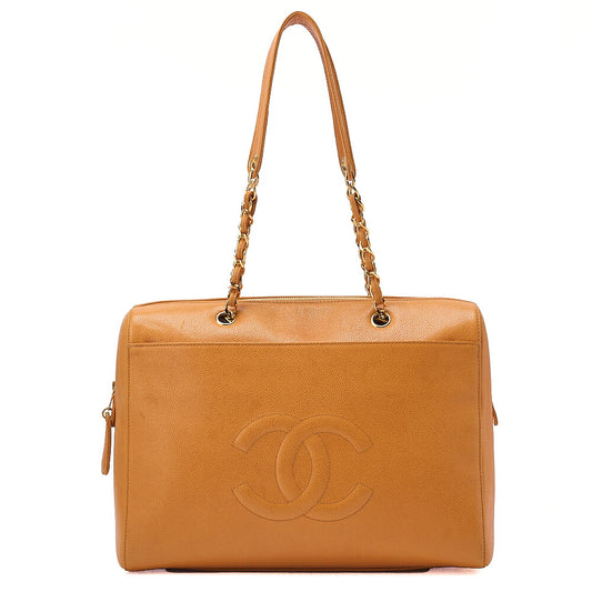 CHANEL Caviar Skin Deka Coco Mark Double Chain Tote Bag Orange Gold-Tone Hardware, Pre-Owned