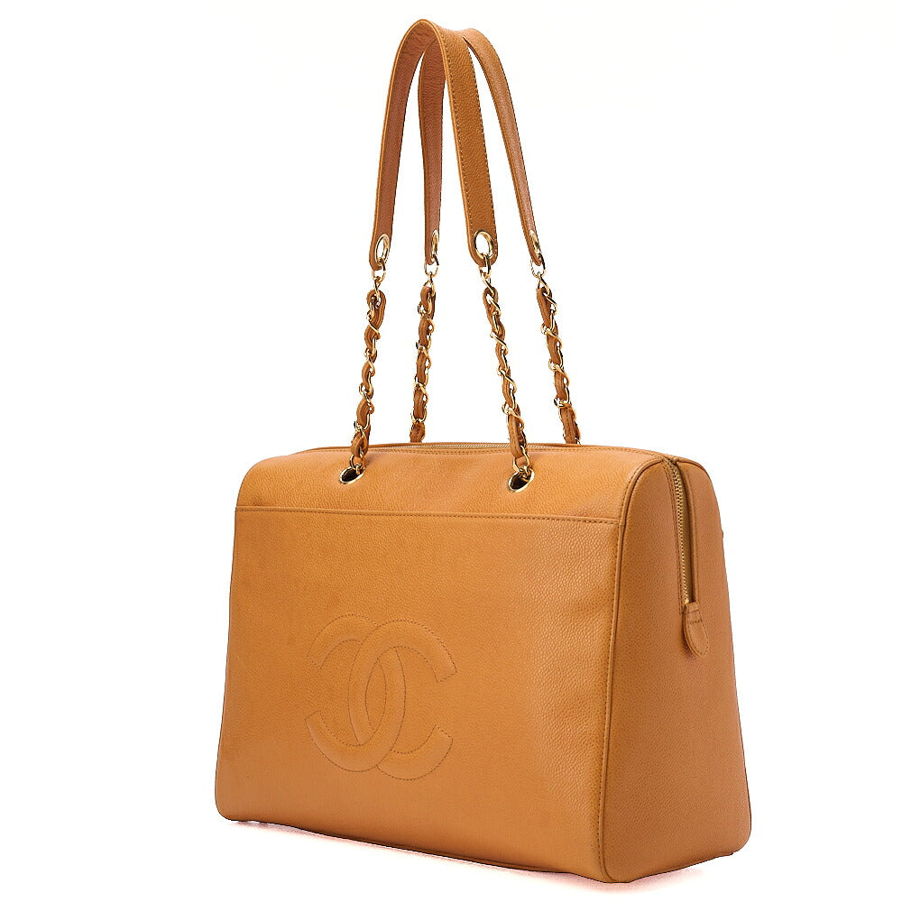 CHANEL Caviar Skin Deka Coco Mark Double Chain Tote Bag Orange Gold-Tone Hardware, Pre-Owned