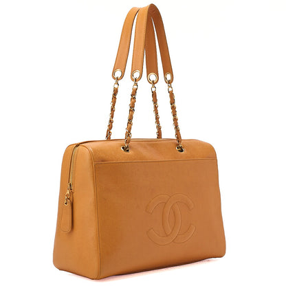 CHANEL Caviar Skin Deka Coco Mark Double Chain Tote Bag Orange Gold-Tone Hardware, Pre-Owned