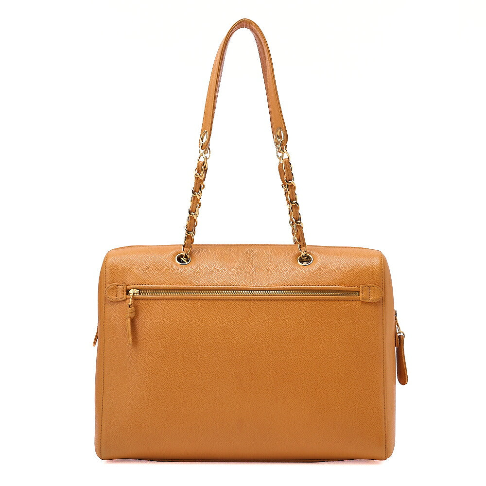 CHANEL Caviar Skin Deka Coco Mark Double Chain Tote Bag Orange Gold-Tone Hardware, Pre-Owned
