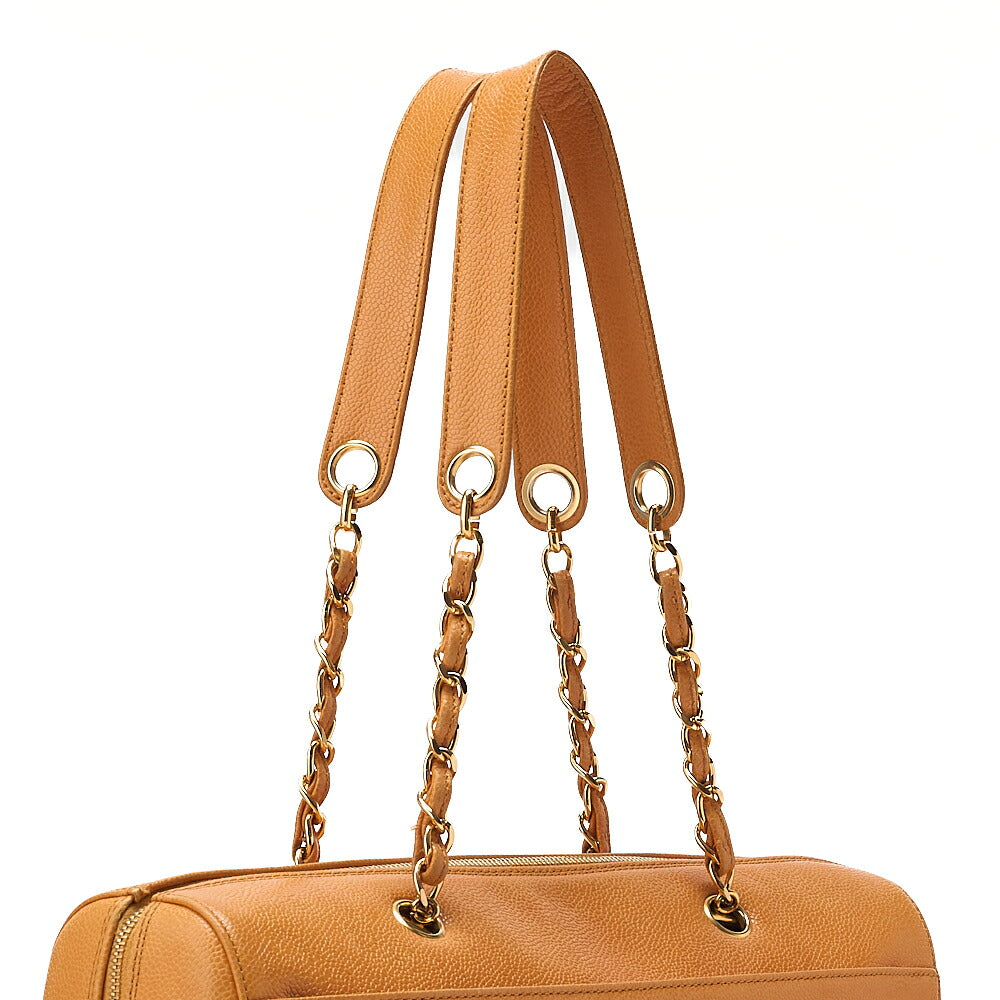 CHANEL Caviar Skin Deka Coco Mark Double Chain Tote Bag Orange Gold-Tone Hardware, Pre-Owned
