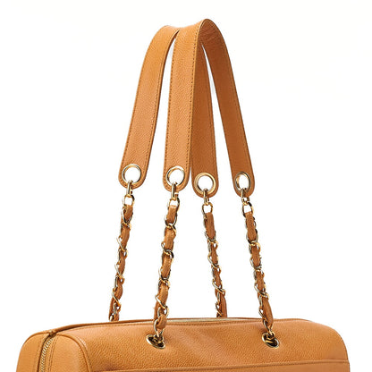 CHANEL Caviar Skin Deka Coco Mark Double Chain Tote Bag Orange Gold-Tone Hardware, Pre-Owned