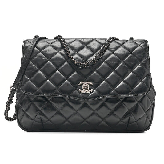 CHANEL Vintage Calf Matelasse Single Flap Chain Shoulder Black Silver-Tone Hardware, Pre-Owned